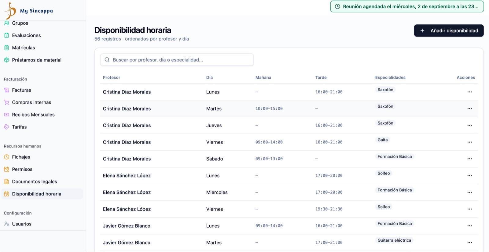 Disponibilidad horaria